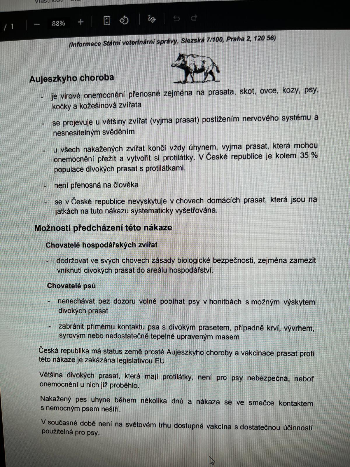 Upozornění občanům - Aujeszkyho choroba